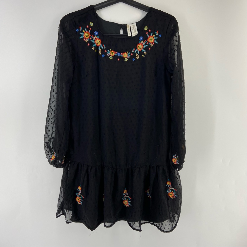 Japna Brand Beautiful Black Tunic/Mini Dress Embroidered Flowers
